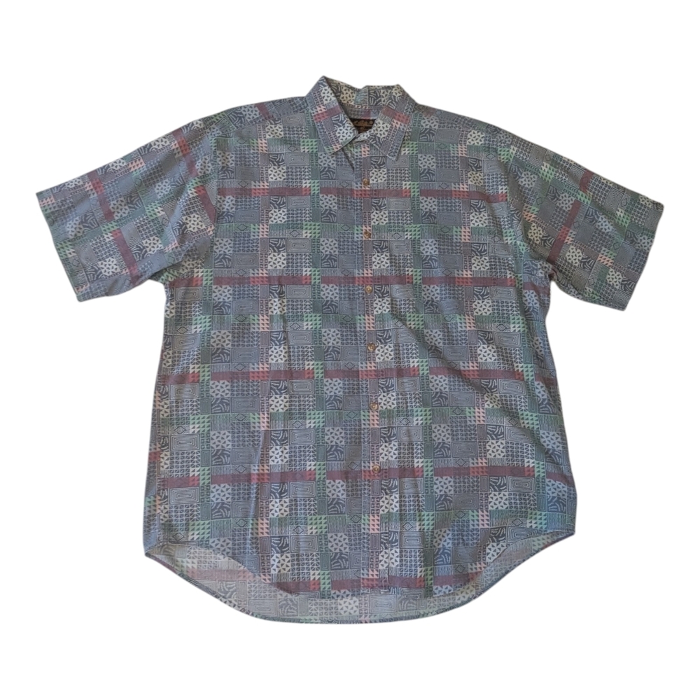 VTG 90s Eddie Bauer BlueSouthwest Aztec Tribal Button Front Short Sleeve Mens L